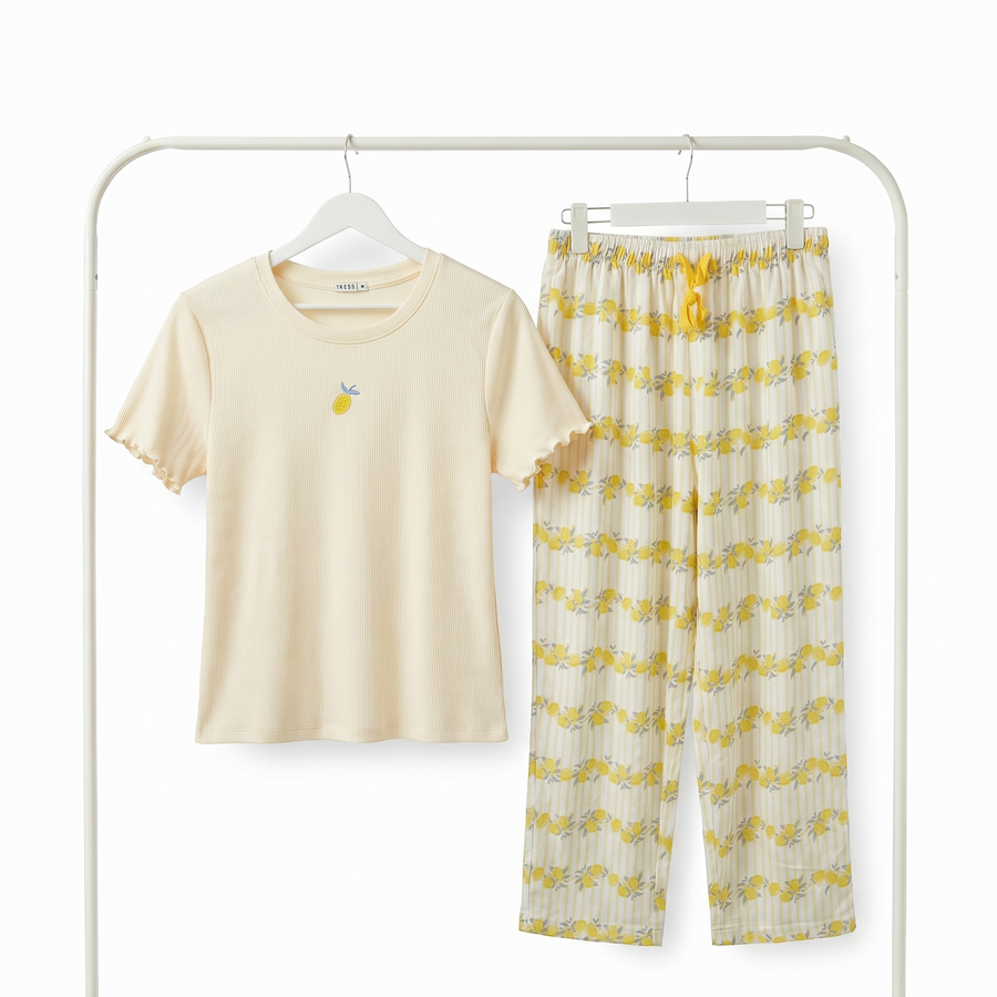 Pyjama Femme Crème & Jaune – Importé d’Espagne 🇪🇸
