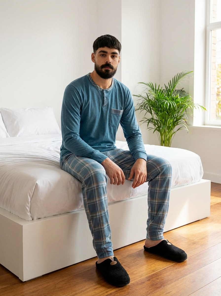 Pyjama Homme Hiver Velours Bleu Pétrole & Carreaux – (KF 36)