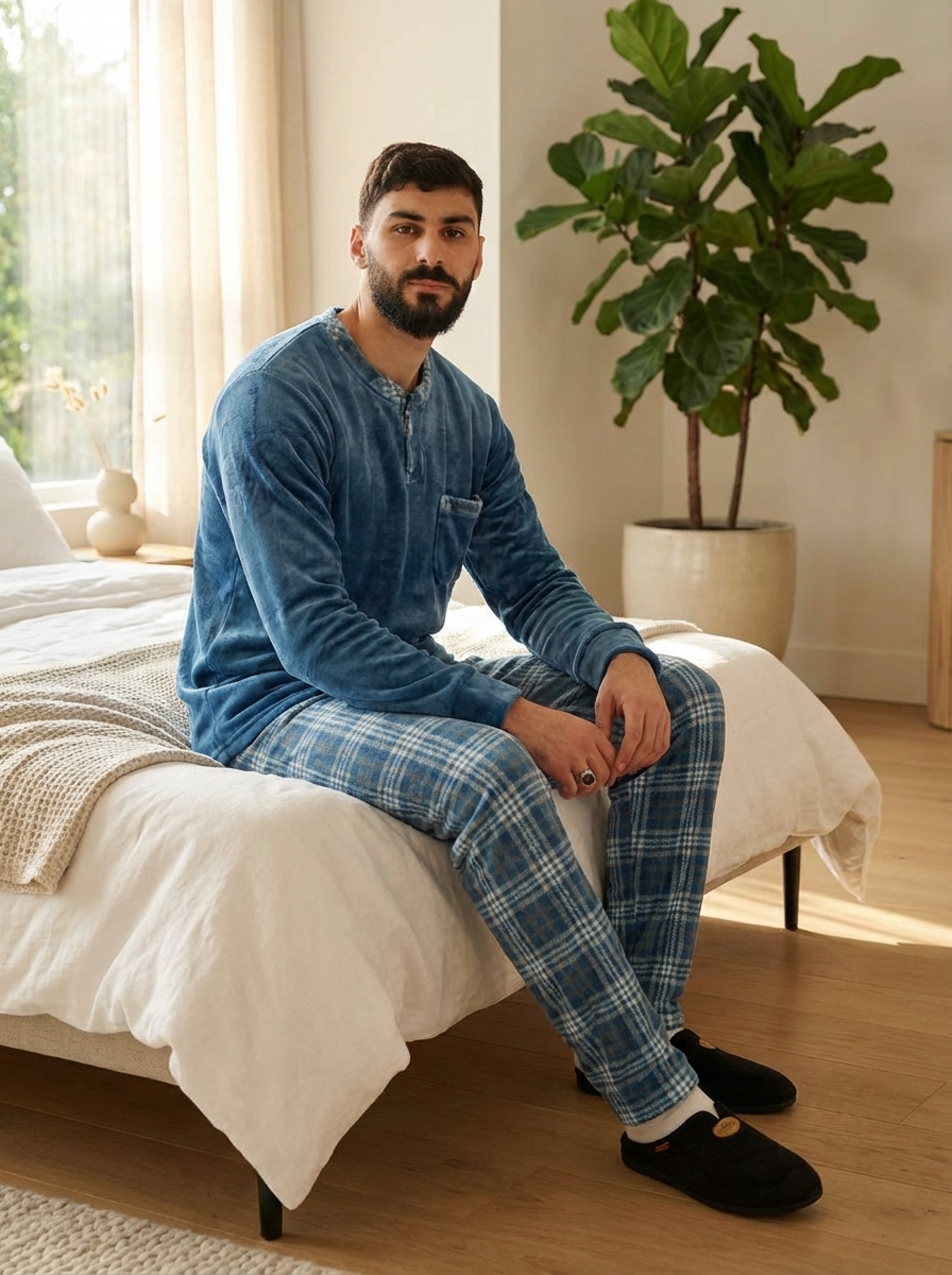 Pyjama homme hiver confortable avec pantalon à carreaux, vêtement de nuit chaud disponible au Maroc