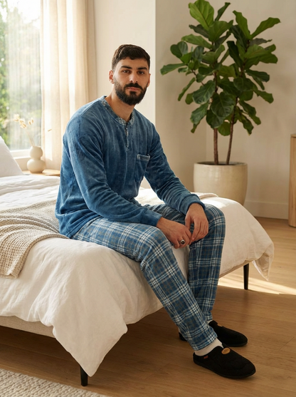Pyjama homme hiver confortable avec pantalon à carreaux, vêtement de nuit chaud disponible au Maroc