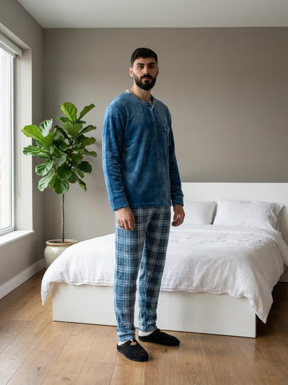 Pyjama homme hiver confortable avec pantalon à carreaux, vêtement de nuit chaud disponible au Maroc