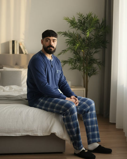 Pyjama homme Bombas — ensemble de nuit confortable — bleu et gris à carreaux.