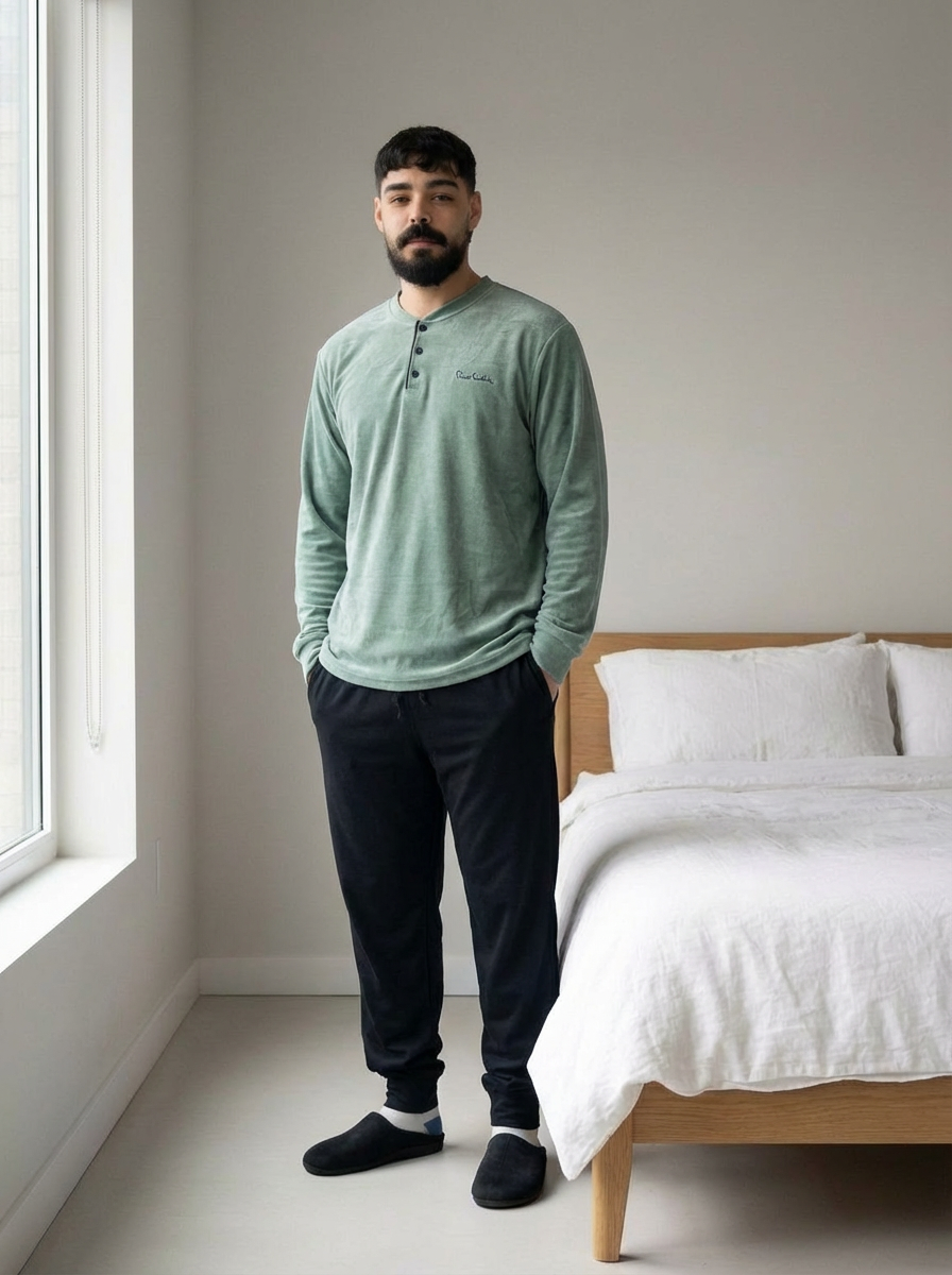 homme-maroc-pyjama-velours-vert-clair-pantalon-noir-standing