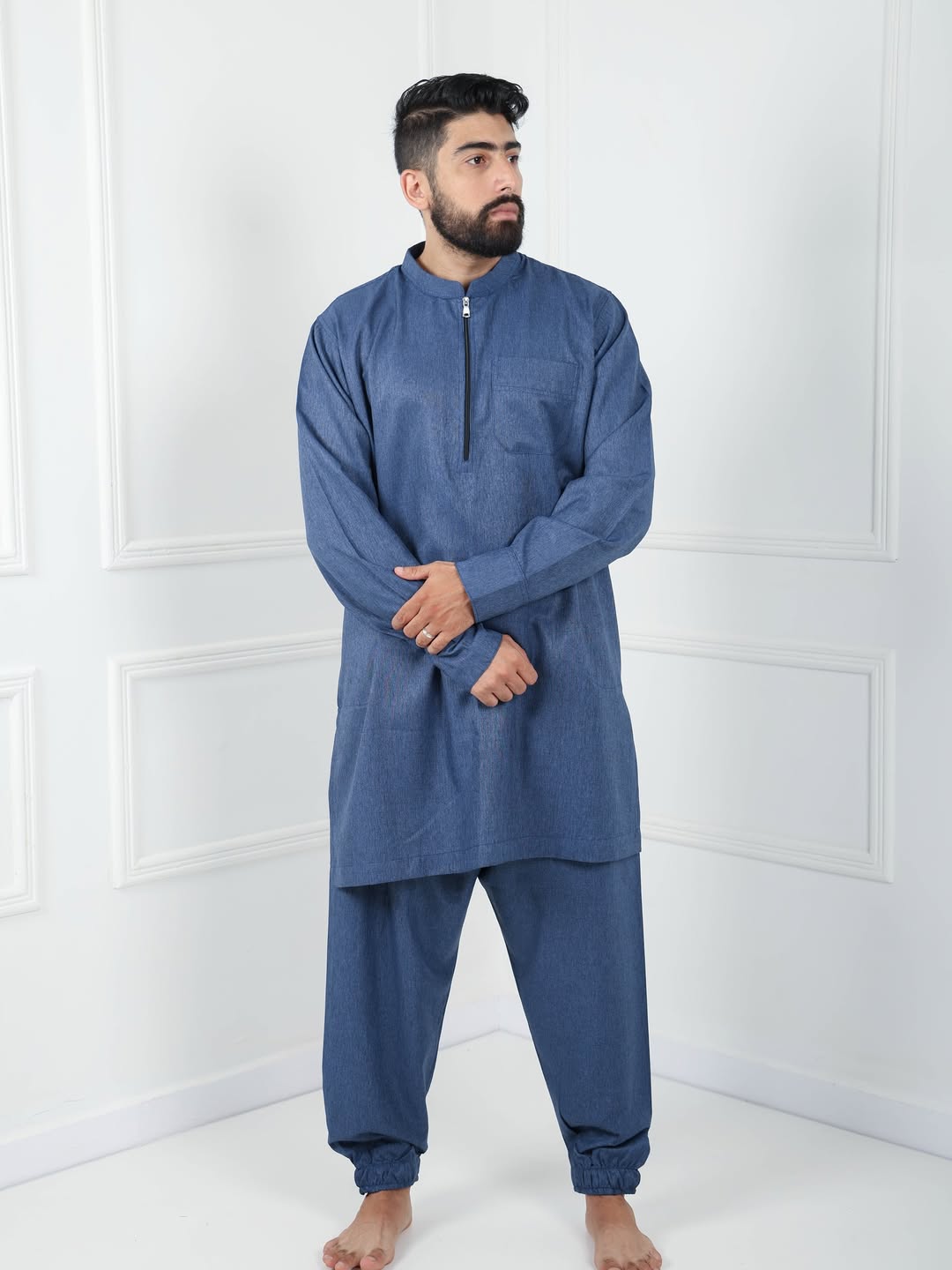 qamis traditionnel moderne col mao zippé