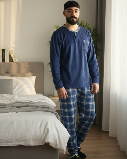 Pyjama homme Bombas — ensemble de nuit confortable — bleu et gris à carreaux.